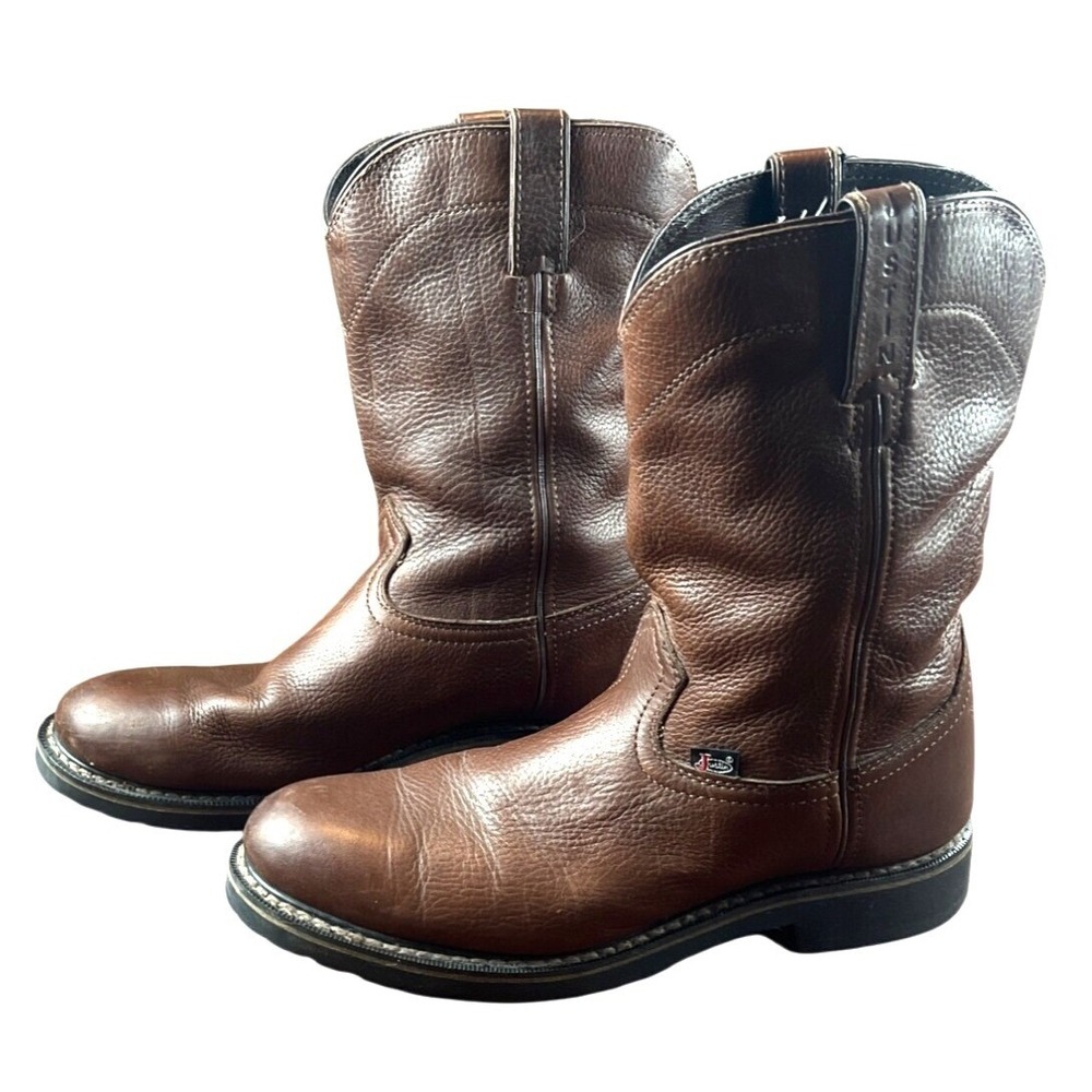 Justin WX4920 Leather Pull-On Work Boots Brown Round Toe Durable Slip On 10.5D